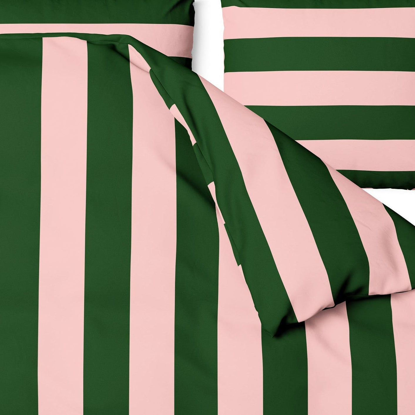 Striped green and pink bedding set on a white background