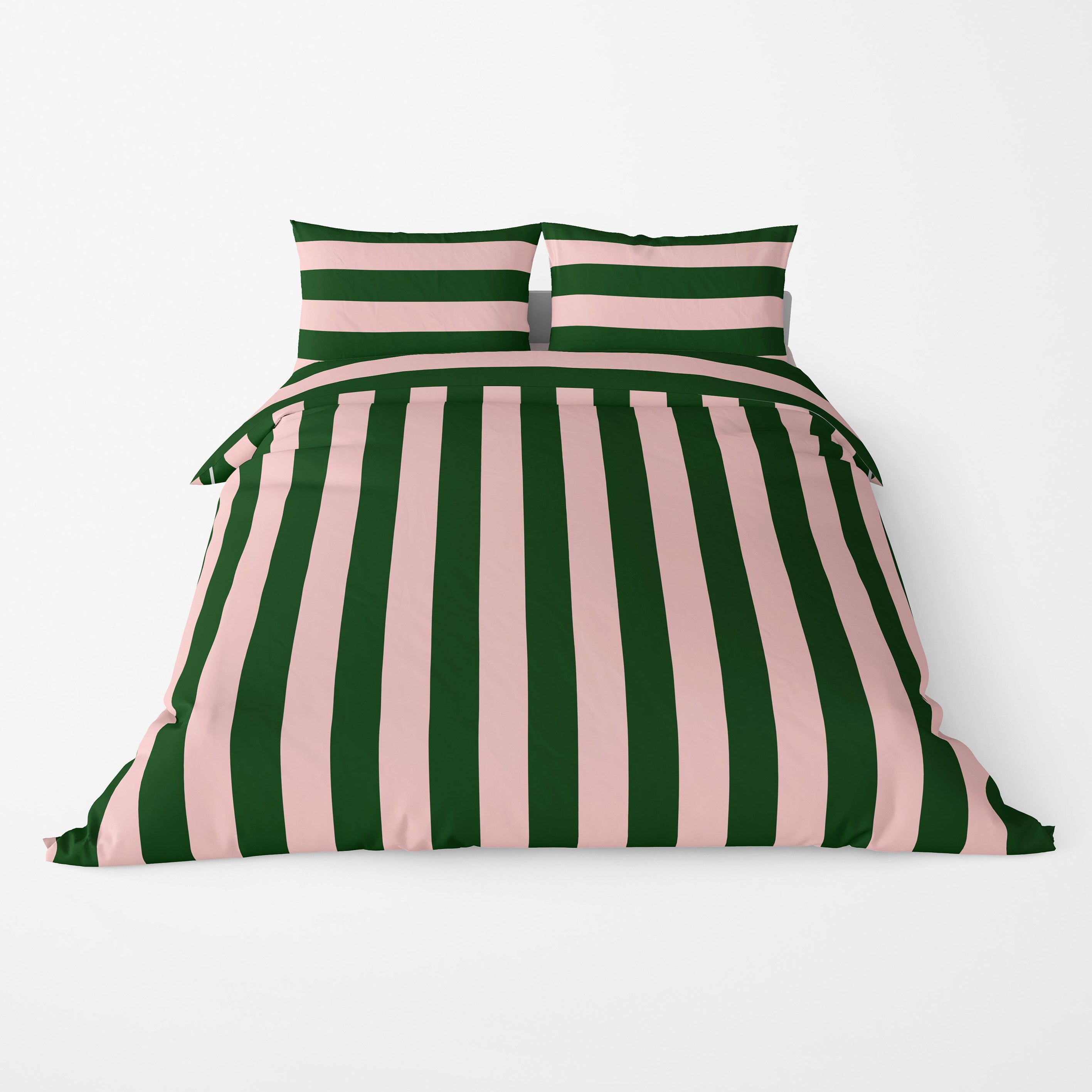 Green and pink striped bedding set on a white background