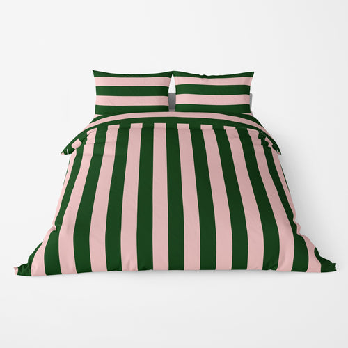 Green and pink striped bedding set on a white background