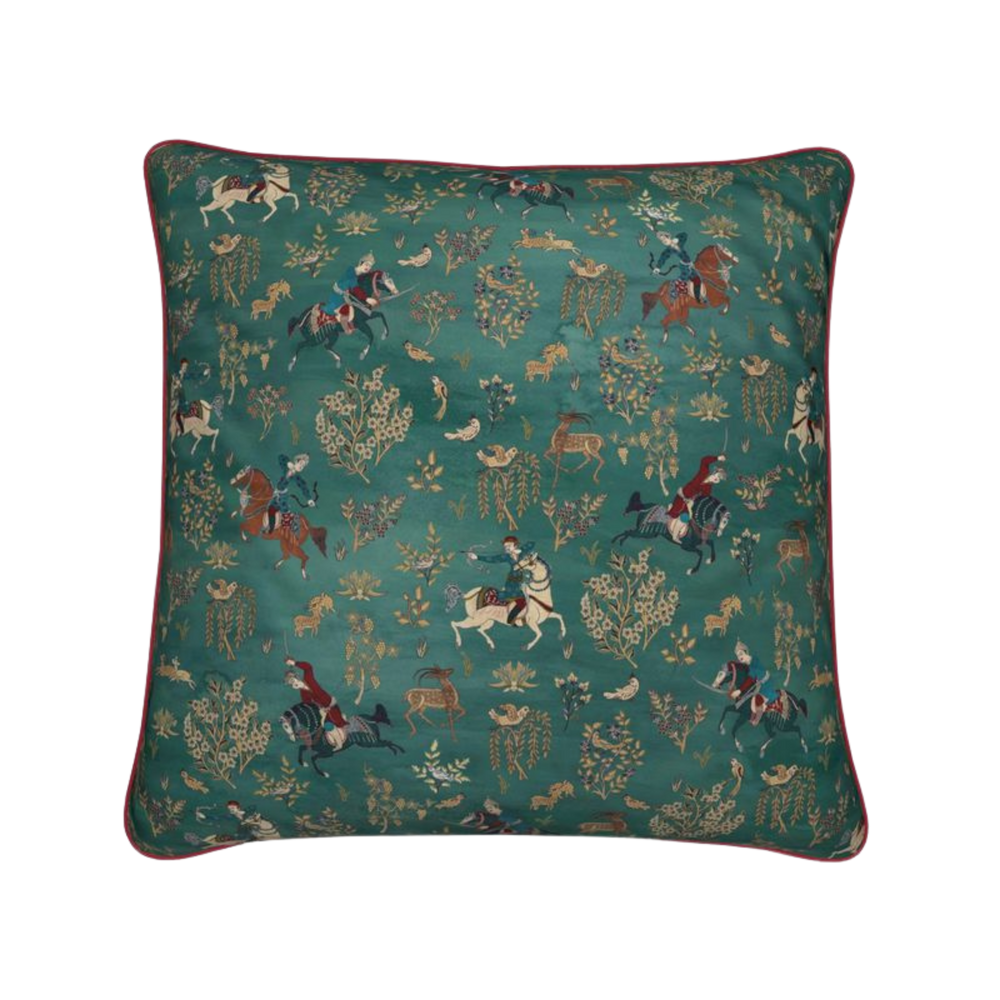 Persian Hunting Scene Throw Pillow - Peacock