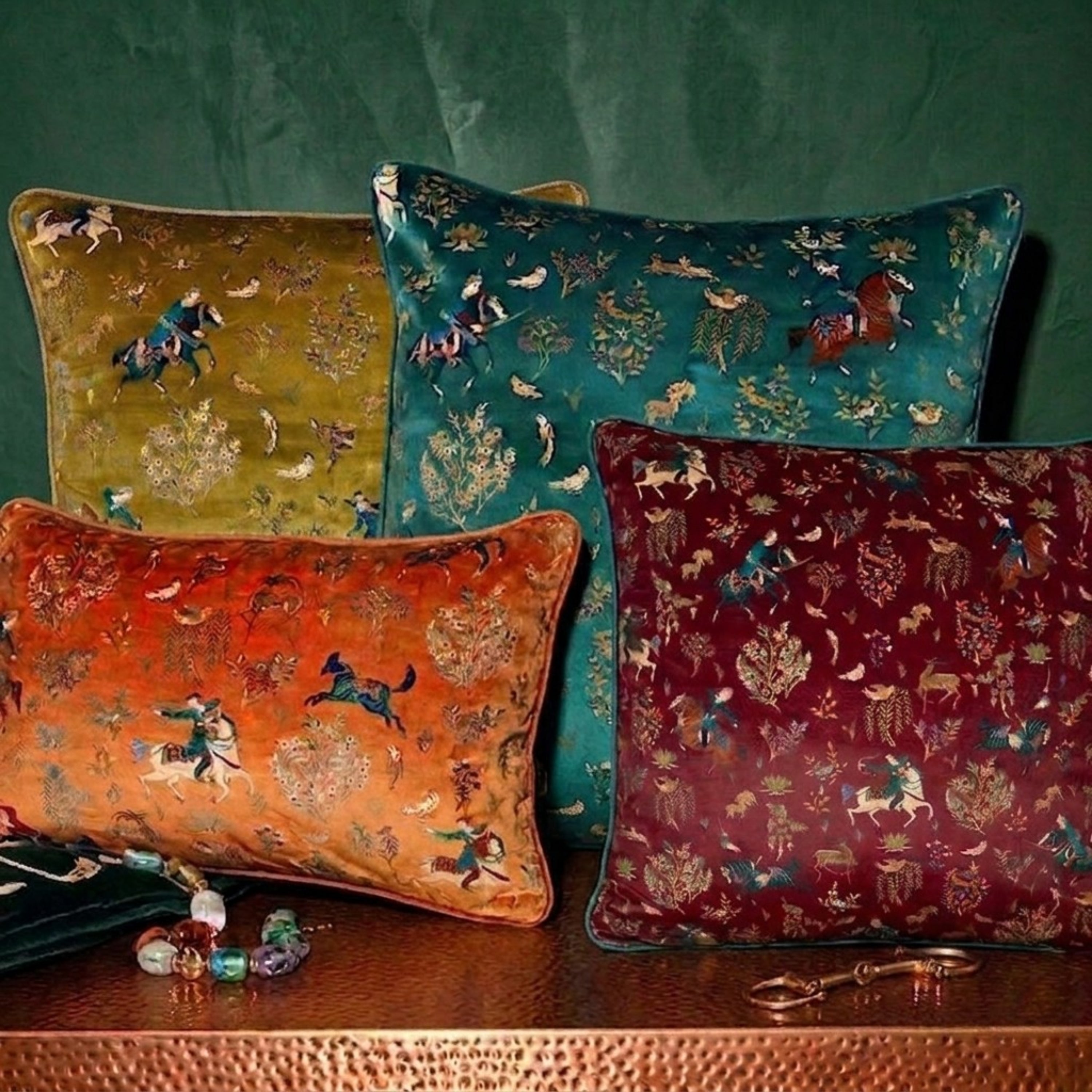 Persian Hunting Scene Pillow Cover - Pomegranate