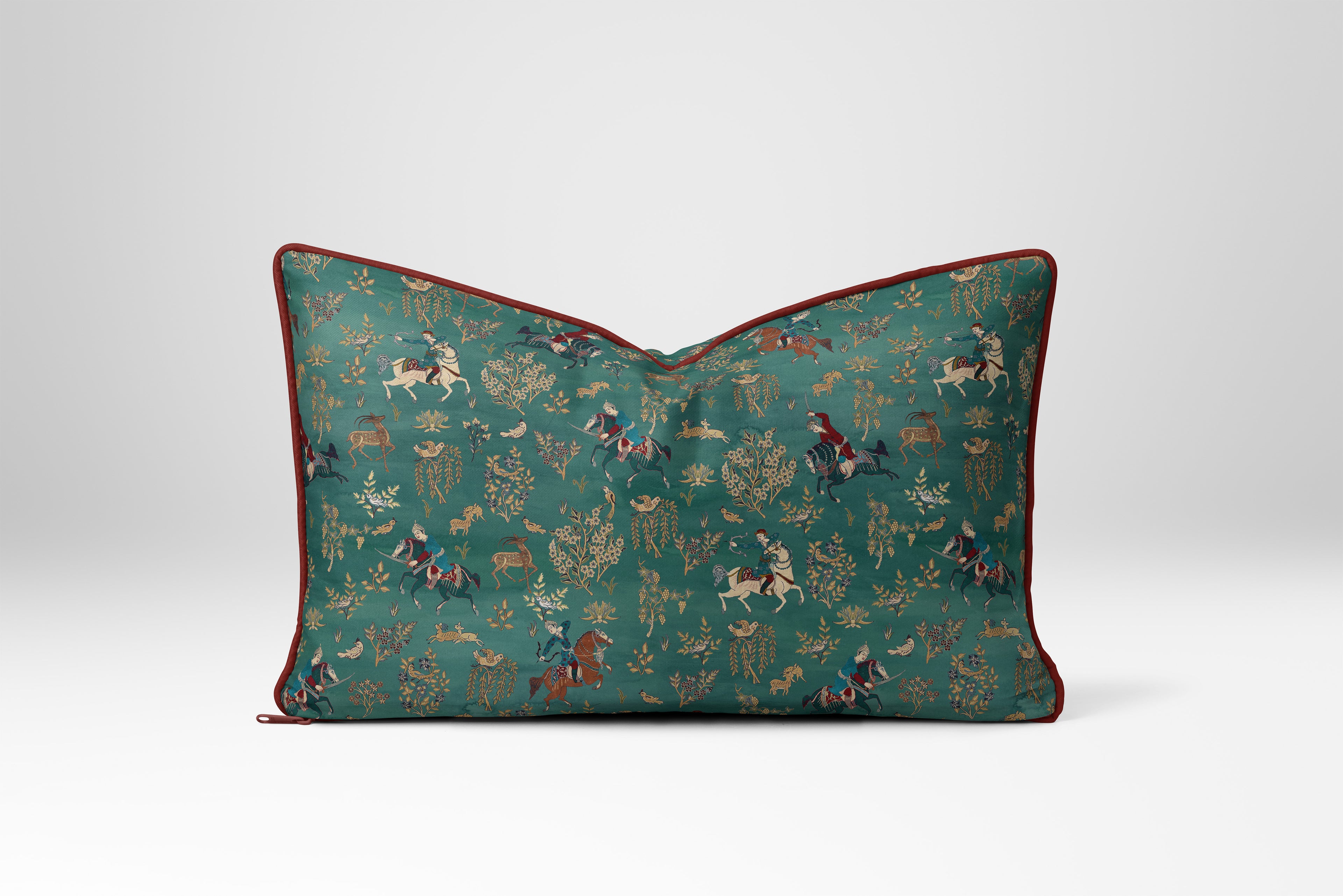 Persian Hunting Scene Throw Pillow - Peacock